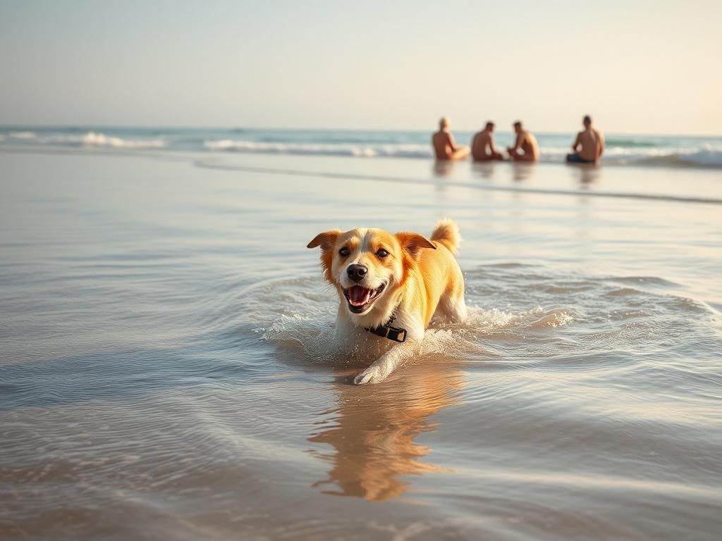 A serene beach scene showcasing a dog playing in the water with its owner. In the background, a small group of naturist sunbathers enjoying the sun, with gentle waves lapping at the shore. The atmosphere is peaceful and relaxed, with soft tones and gentle lighting, emphasizing a tranquil beach environment.