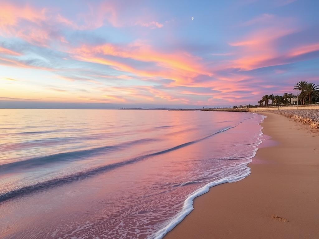 A stunning high-resolution photo of the Torrevieja coastline at sunset, showcasing the vibrant colors of the sky reflecting on the calm sea. The foreground features a serene beach with gentle waves lapping at the shore, while in the background, the silhouette of palm trees and a distant promenade can be seen. The overall atmosphere is peaceful and inviting, embodying the charm of Torrevieja.
