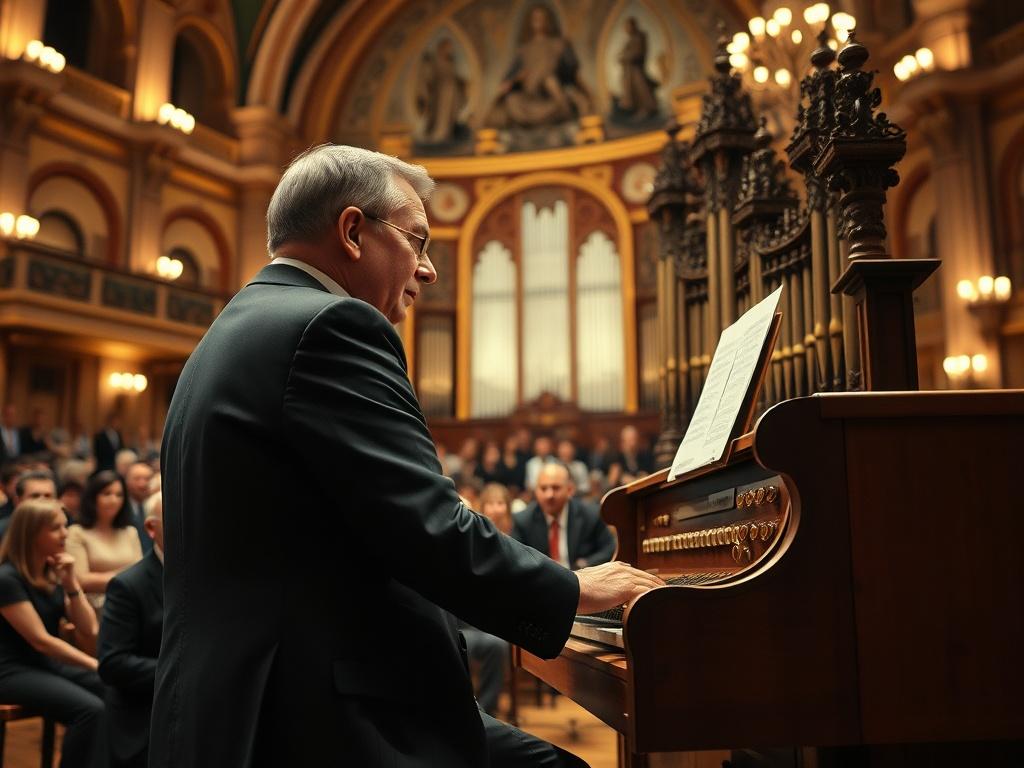 Create a realistic high-resolution photo of an organist performing on a grand organ during a music festival. The setting should be a beautifully decorated concert hall with soft lighting, creating a peaceful atmosphere. The organist, a middle-aged Caucasian man wearing a formal suit, should be focused on playing, surrounded by an audience captivated by the performance. The background should feature elegant architecture and warm colors, enhancing the cultural ambiance.