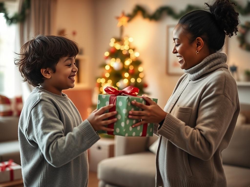 A photo of a warm-hearted volunteer handing a Christmas gift to a smiling child in a cozy home setting. The room is softly lit, decorated for Christmas, with a tree in the background and a feeling of joy and community. The focus is on the interaction between the volunteer and the child, capturing the spirit of giving and kindness.