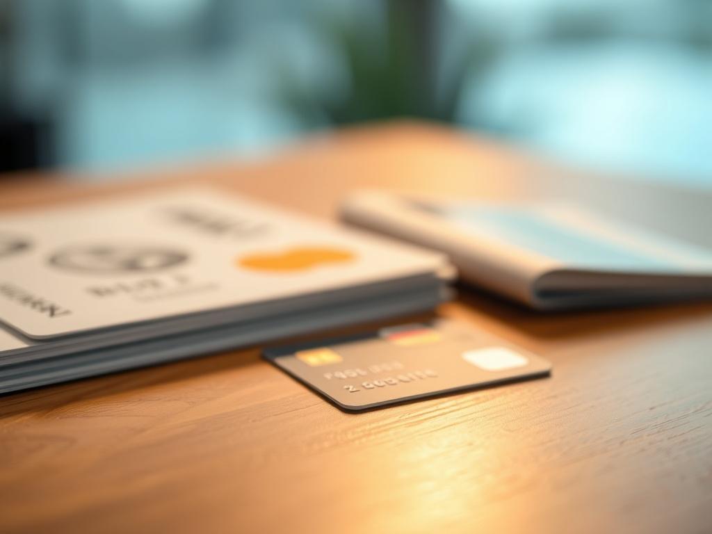 A realistic high-resolution photo of a bank card lying on a wooden table, with a soft and gentle light illuminating the scene. The background is blurred, focusing on the bank card. The overall atmosphere is calm and peaceful, reflecting the theme of financial awareness and responsibility.