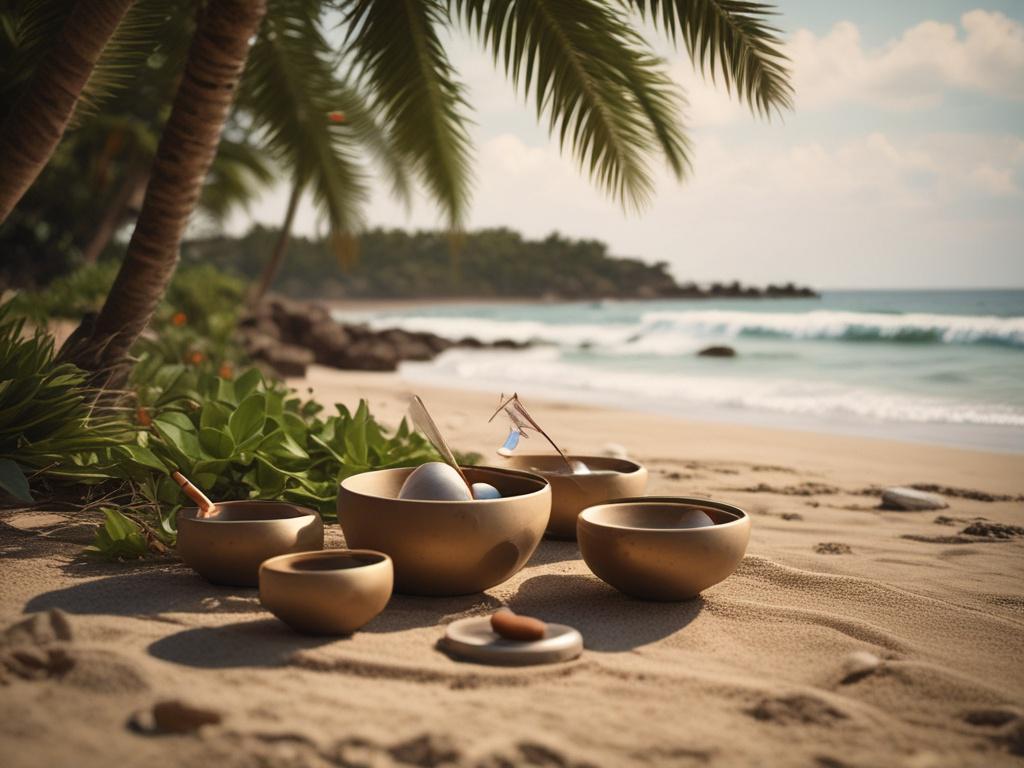 A tranquil setting on Playa Rosada featuring a sound healing session surrounded by lush greenery and the beach. The focus is on a beautifully arranged set of singing bowls and chimes. The image captures the essence of nature, with vibrant colors and soft lighting creating a peaceful atmosphere. The composition is a hyper-realistic close-up shot that emphasizes the soothing environment.
