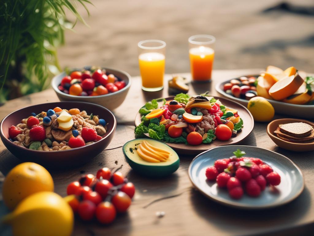 A beautifully arranged vegan breakfast spread on a wooden table overlooking the beach. The scene includes fresh fruits, colorful vegetables, and vibrant plant-based dishes. In the background, soft ocean waves create a tranquil atmosphere, with lush palm trees swaying gently in the breeze. The focus is on the food, showcasing its freshness and deliciousness.
