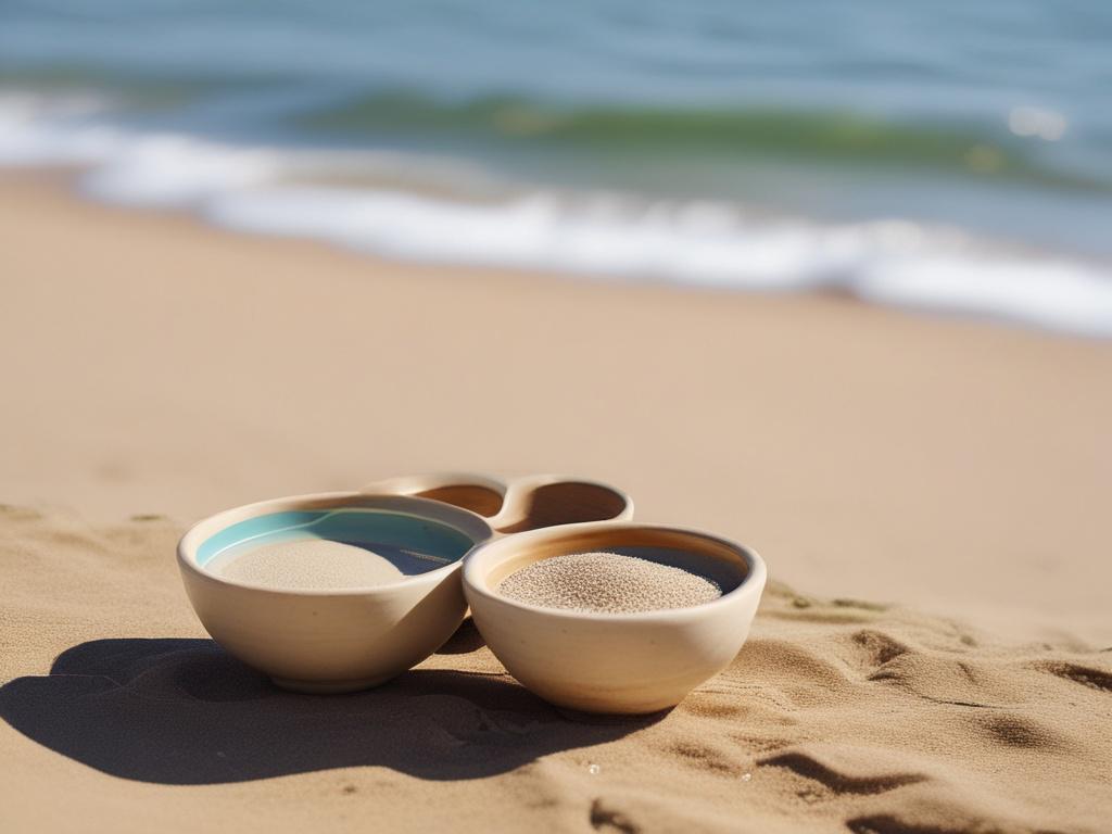 A serene beach setting with a close-up of hand frequency drums and bowls arranged on soft sand. The background features gentle waves lapping at the shore, with lush greenery framing the scene. The focus is sharp on the instruments, capturing their intricate details, while the colors reflect a calm and inviting atmosphere.
