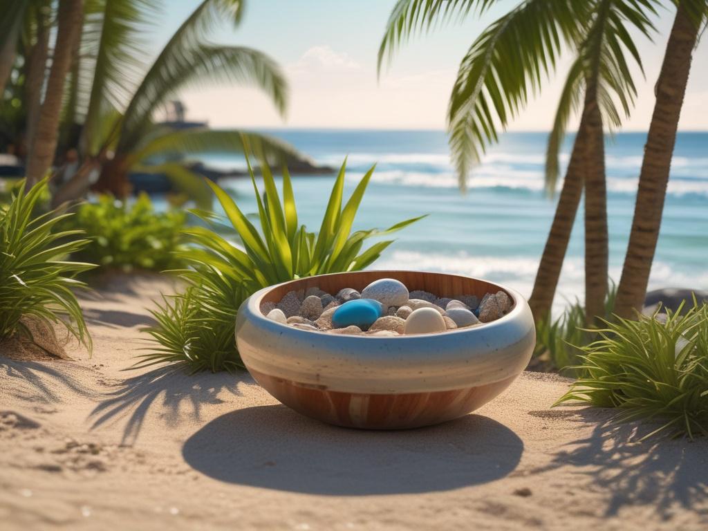 A tranquil outdoor setting featuring a close-up of sound bowls and chimes nestled among vibrant tropical plants. The background showcases a peaceful beach with gentle waves and a clear blue sky. The focus is sharp on the instruments, capturing the intricate details, while the lush greenery enhances the serene atmosphere.
