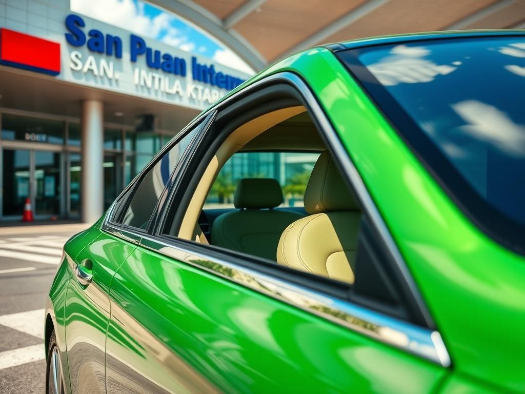 A close-up shot of a modern, comfortable car parked at a San Juan International Airport terminal. The background should show the airport entrance with clear skies and vibrant surroundings. The car should be shiny, well-maintained, and inviting, with a focus on the vehicle’s interior visible through the open door, showcasing plush seating. The colors should reflect the atmosphere of a sunny day, with the primary color being a vibrant green.