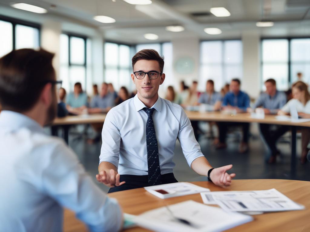 A professional trainer conducting a corporate training session, focusing on business basics and financial statements. The image should capture the trainer engaging with participants in a modern office environment, with a clear focus on the trainer and attendees. The background should be simple, highlighting a whiteboard with diagrams and financial charts. The composition should be a close-up shot, rendered in hyper-realistic style, using a 45mm f/1.2 lens, ensuring vibrant colors with a primary color palett