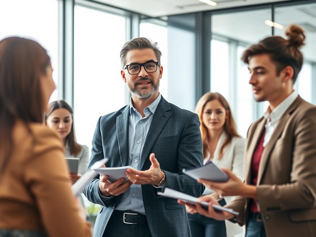 A hyper-realistic close-up shot of a business trainer engaging with a small group of professionals in a training session. The trainer is confidently presenting, while participants are attentively listening and taking notes. The background is a modern, well-lit office setting that conveys professionalism and focus. The image should capture the dynamic interaction between the trainer and the team, showcasing a moment of learning and collaboration. Use a shallow depth of field to emphasize the trainer and the participants in the foreground.
