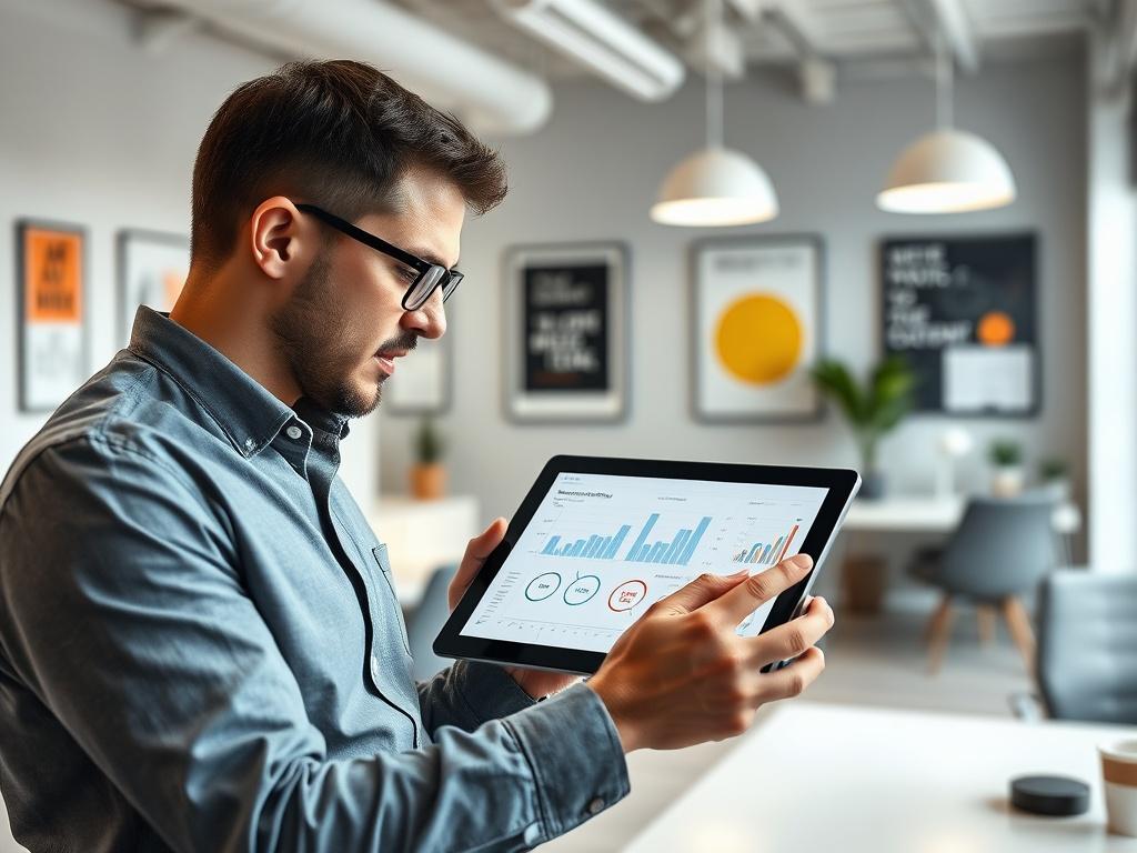 A hyper-realistic close-up shot of a business professional analyzing a flowchart on a tablet in a bright office environment. The professional appears focused and engaged, with graphs and performance metrics displayed on the tablet screen. The background features a sleek office design with modern furniture and motivational posters, creating an atmosphere of productivity and innovation. The image should highlight the importance of process analysis and optimisation in achieving business success.