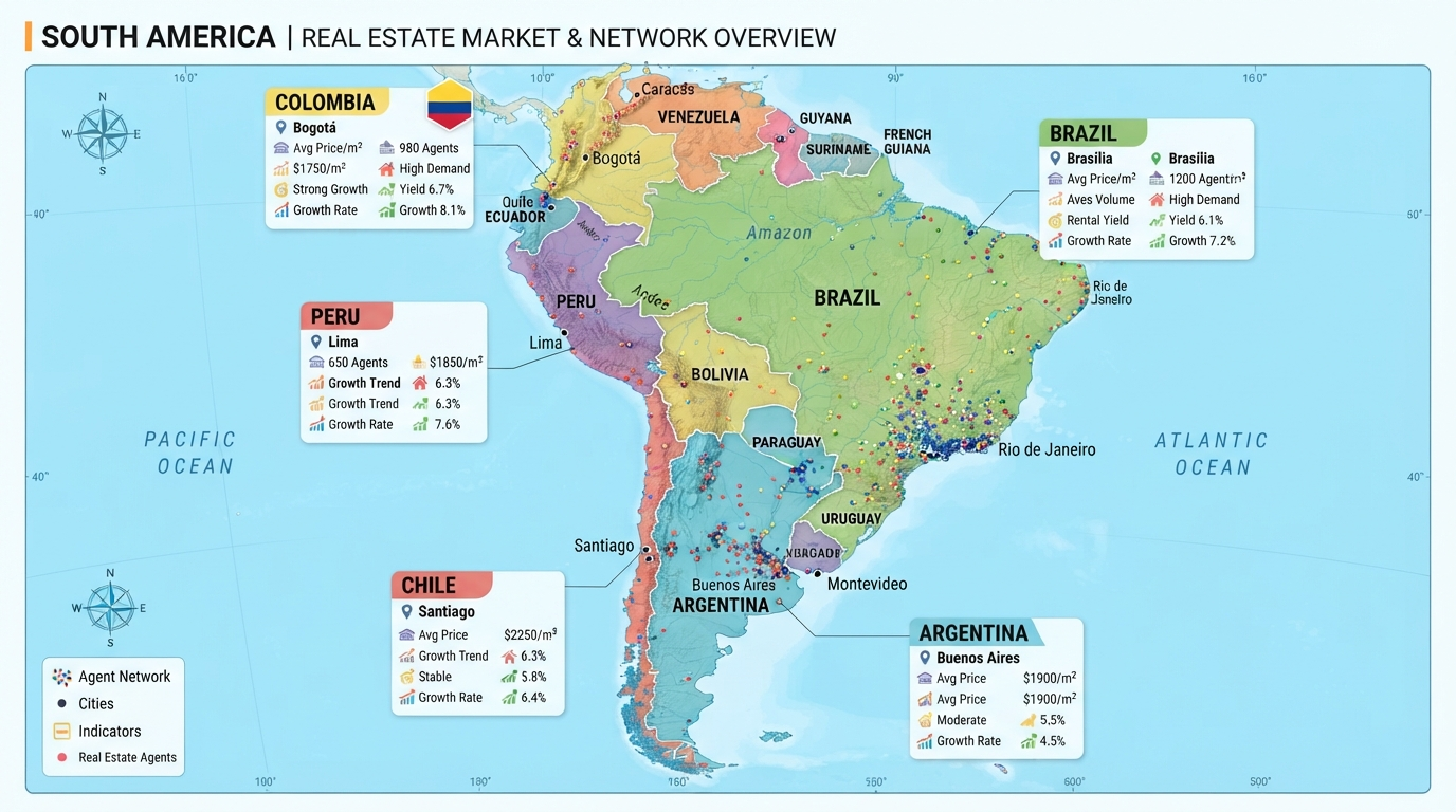 South America map with real estate network