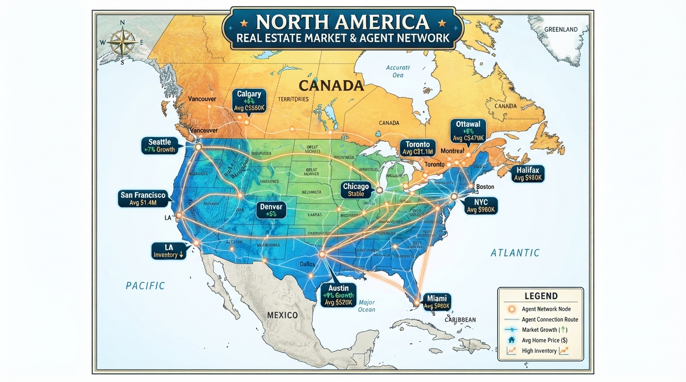 North America map with real estate network
