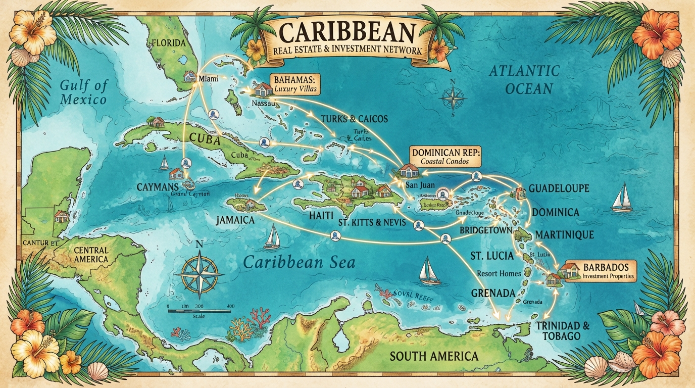 Caribbean map with real estate network