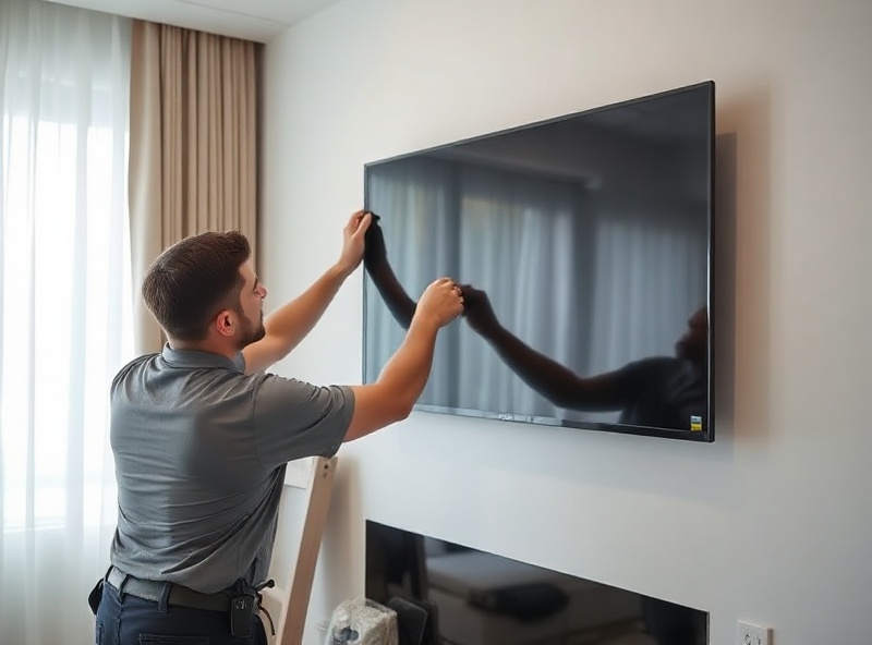 Professional technician installing a flat-screen TV