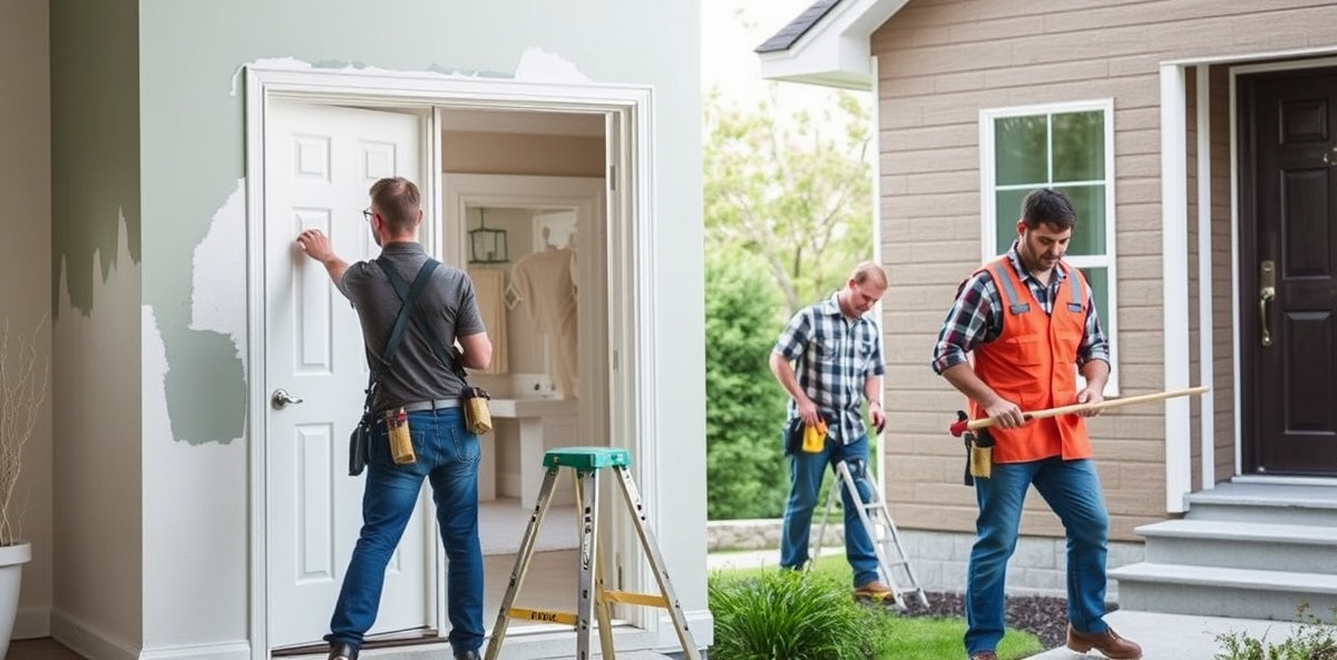 Professional home improvement team working on interior and exterior projects