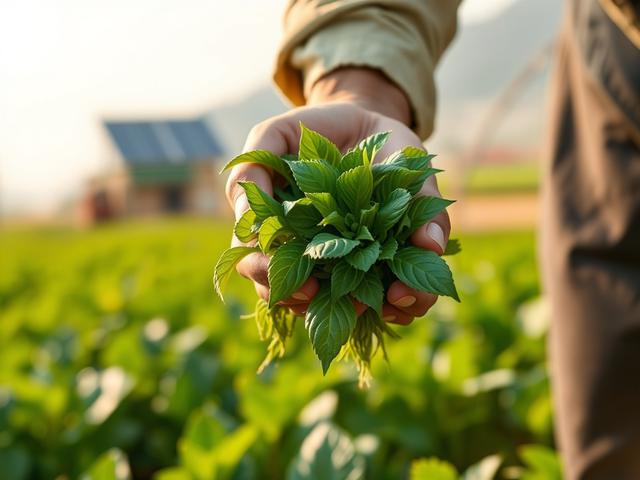 Create a realistic, high-resolution close-up photo capturing a single subject: a farmer's hand gently holding a cluster of vibrant, healthy crops that exemplify high-yield farming techniques. The focus is sharp on the crops and the hand, shot with a 45mm f/1.2 lens style to achieve a beautifully blurred background that subtly hints at a lush, innovative agricultural field in an emerging market. The composition is simple and clear, with the subject centered and foregrounded to emphasize the connection between advanced farming practices and sustainable growth. Lighting is natural and warm, highlighting the rich green tones compatible with rgb(50, 170, 39) to evoke vitality and prosperity. The background contains faint, out-of-focus elements of modern farming equipment or solar panels, suggesting sustainability and technological advancement without distracting from the central subject. This image represents the cutting-edge high-yield farming innovations that boost productivity, promote environmental sustainability, and support thriving local communities.