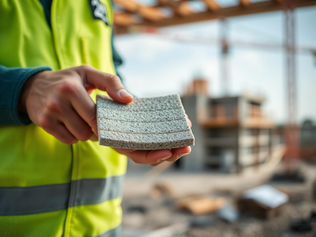 A hyper-realistic close-up image of a construction worker’s hand holding a sample of eco-friendly building material, with a blurred construction site in the background. Taken with a 45mm f/1.2 lens, the photo features natural light and a color palette aligned with rgb(50, 170, 39), symbolizing innovation and sustainability in construction.