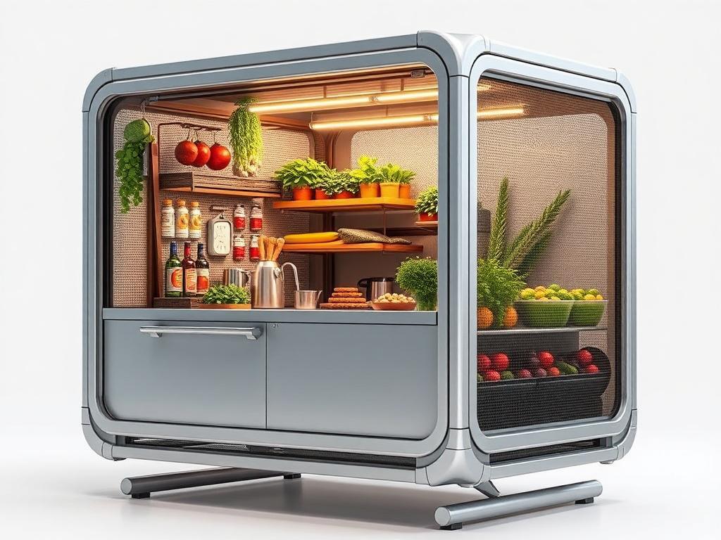 A hyper-realistic close-up shot of a KitchenPOD unit, showcasing its modular aluminum and mesh frame design. The image should highlight the multifunctional panels and earthy sustainable materials, emphasizing the integration of a farm-to-table ecosystem. The background should be simple and clear, focusing solely on the KitchenPOD, with vibrant colors that reflect the rgb(50, 170, 39) primary color scheme.
