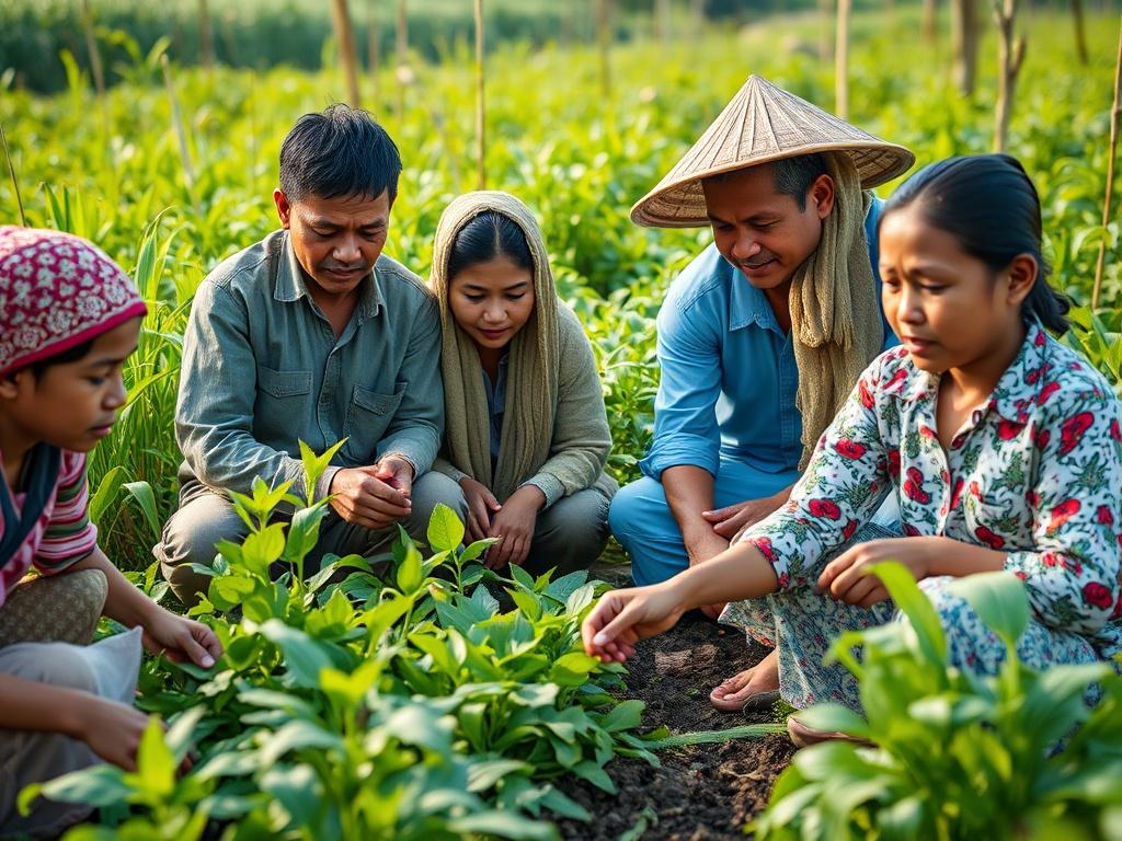 A close-up shot of a diverse group of villagers collaborating in a lush agricultural setting, showcasing high-yield farming practices. The scene should feature vibrant greenery, with local farmers actively engaged in planting and harvesting. The background should be softly blurred to highlight the teamwork and dedication of the villagers, captured in hyper-realistic detail, emphasizing a sense of community and sustainability.