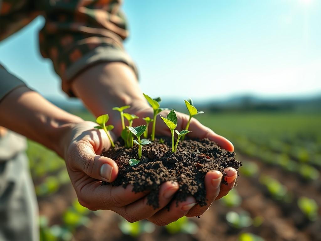 A close-up shot of a farmer's hands holding rich soil filled with sprouting green plants, symbolizing growth and sustainability. The background is a blurred landscape of a thriving farm under a clear blue sky, capturing the essence of high-yield farming. The colors should reflect a vibrant green, focusing on the soil and plants.