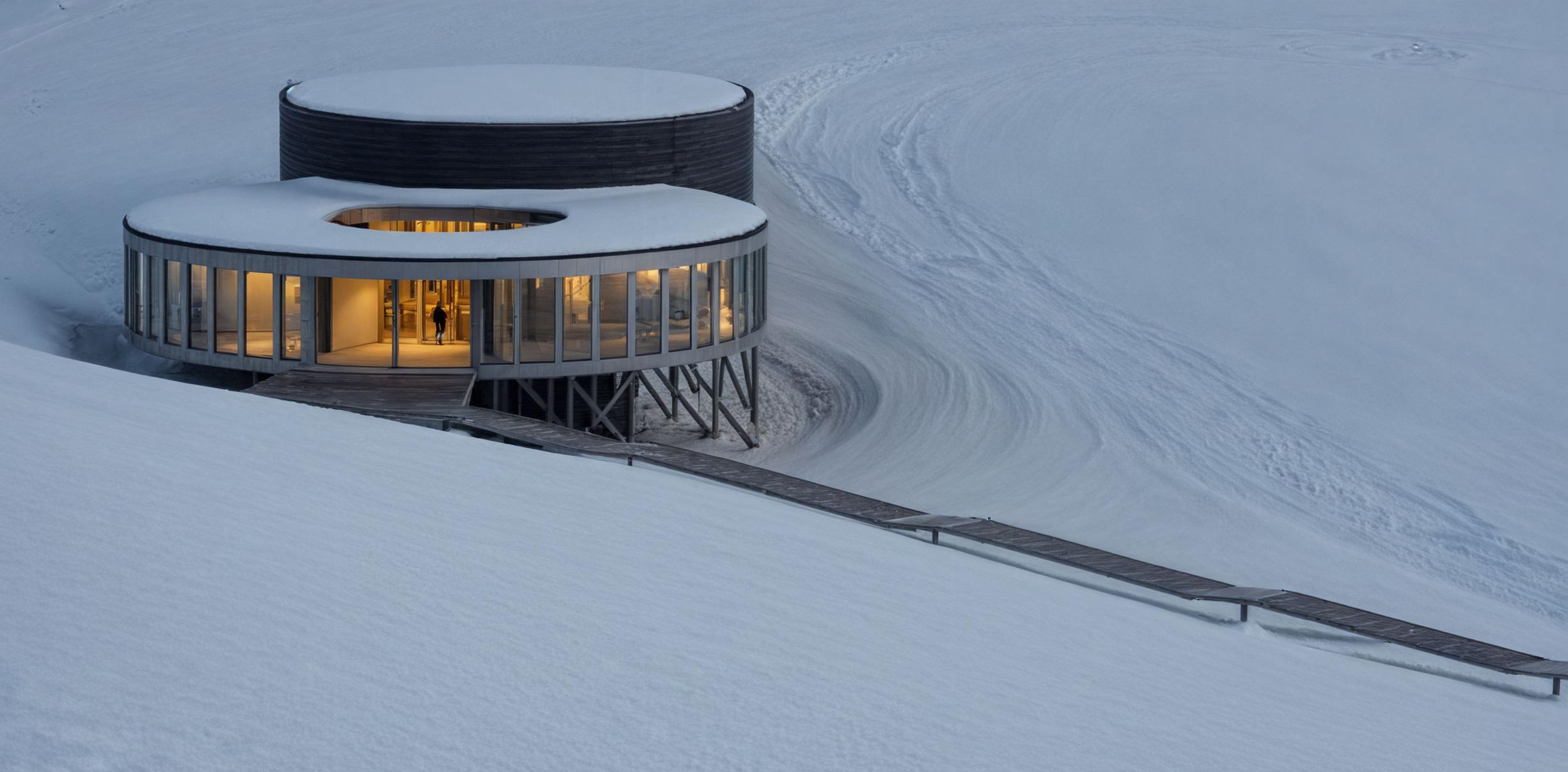 this is near davos switzerand, wintertime, the road is in good condition, and it has swiss alps around, see reference picture. the construction is sleek, current modern aesthetic, minimalist, clean surfaces, on pil.jpeg