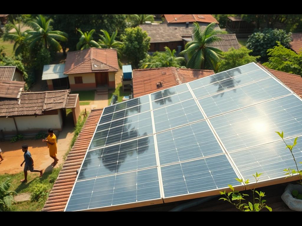 An image showcasing a solar panel installation on a rural community rooftop, with children playing nearby and lush greenery surrounding the area. The sunlight should reflect off the solar panels, creating a sense of hope and sustainability in the community.