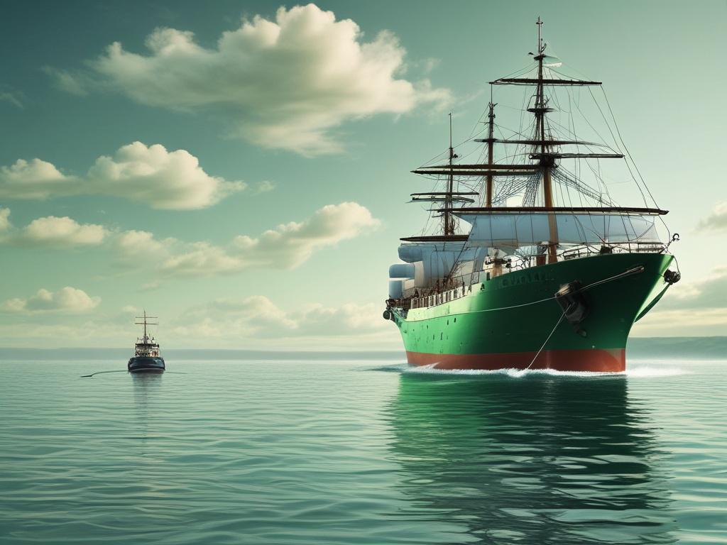 a photorealistic image of a ship sailing smoothly on calm