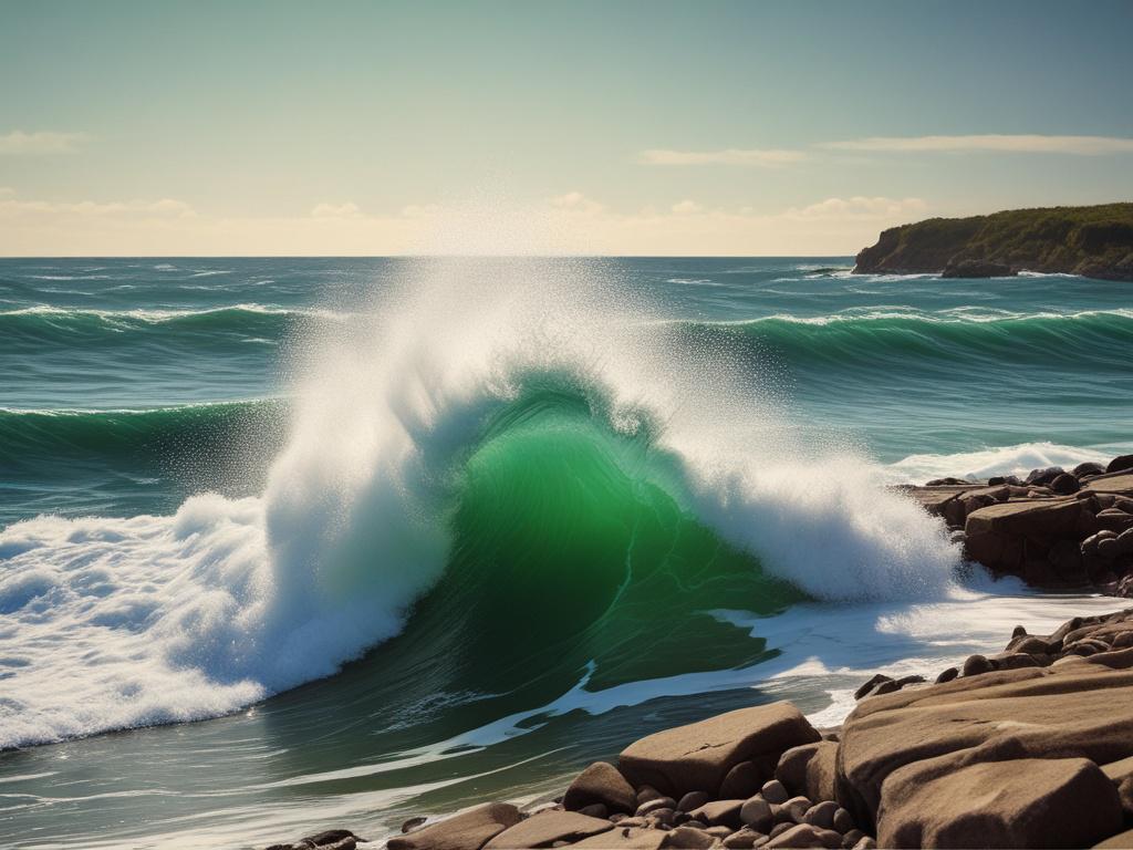 a photorealistic image of a wave crashing against a rocky