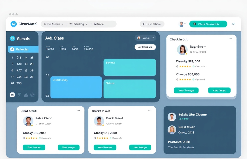 Dashboard host CleanMate: calendario con check-in/check-out sincronizzati, lista cleaner suggeriti con score di affidabilità e rating, tutto in una schermata