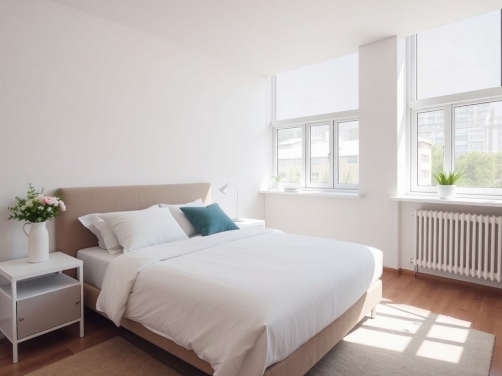 Appartamento moderno perfettamente pulito e ordinato, pronto per il check-in con letto fresco, luce naturale e design minimalista
