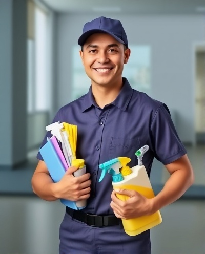 Professional cleaner in uniform smiling, holding cleaning supplies, ready to work, clean modern background, well-lit professional portrait style