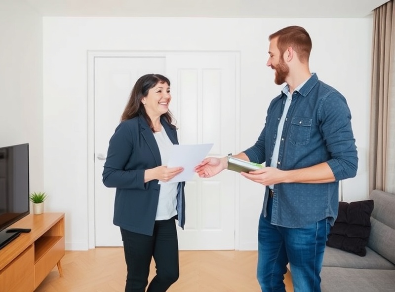 Host checking a clean apartment after check-out, satisfied expression, professional interior design, ready for next guest