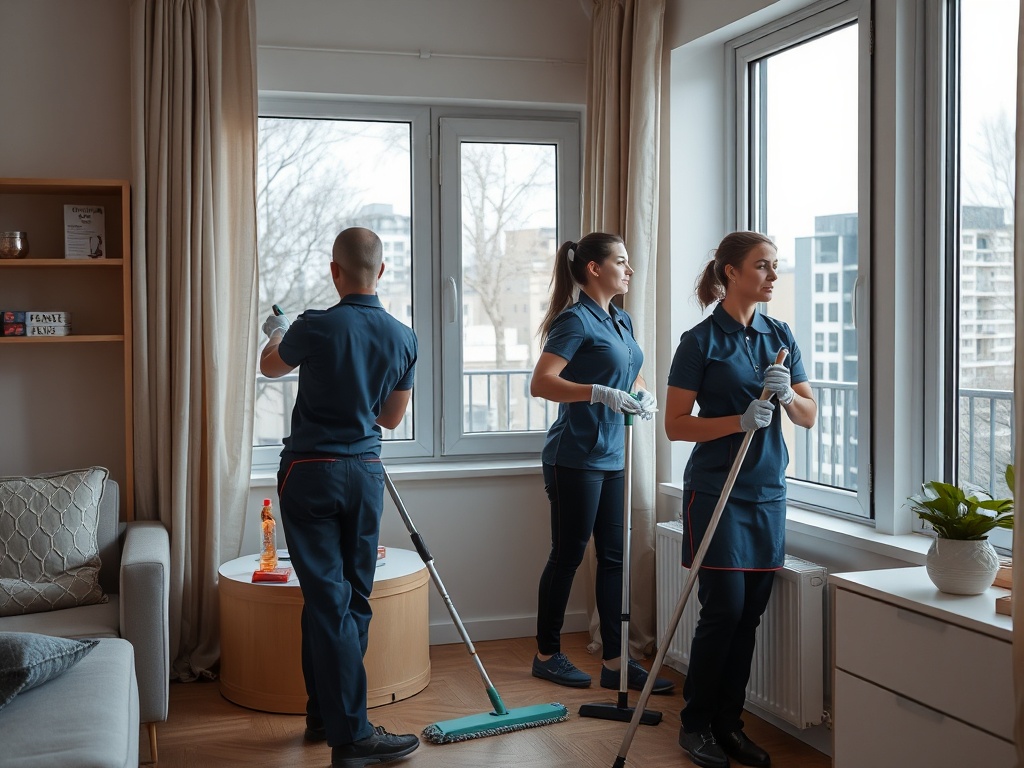 Team di pulizie professionista che lavora insieme in appartamento, efficienza e organizzazione