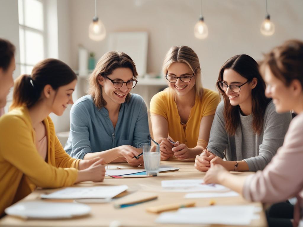 a group of people engaged in a creative workshop, bright