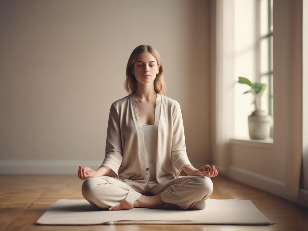 a serene person meditating in a soft toned room, calm