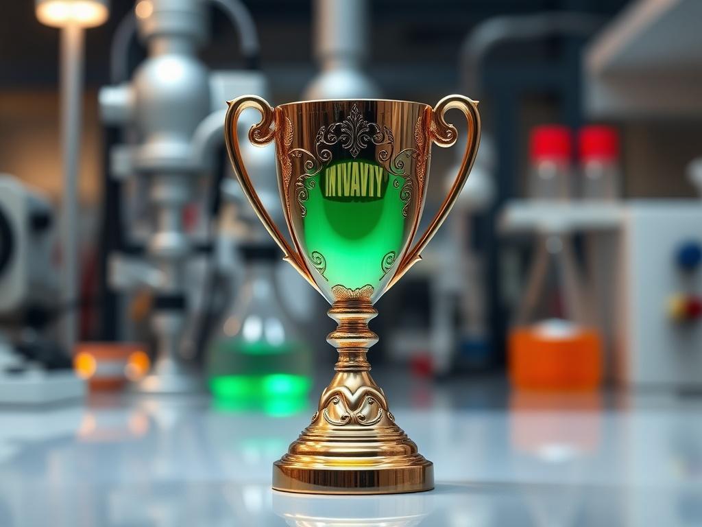 A hyper-realistic close-up of a shiny award trophy with intricate designs, set against a blurred background of advanced laboratory equipment. The trophy reflects a green hue, symbolizing innovation and technology, and is the only subject in the image.