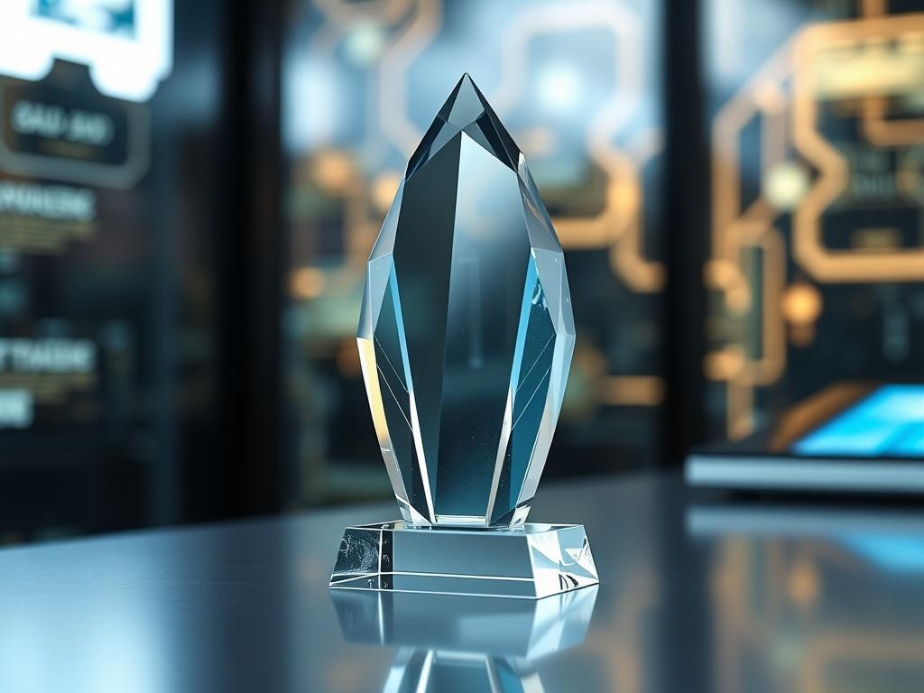A hyper-realistic close-up of a crystal award sitting on a sleek modern desk, with soft lighting highlighting its facets. The background features blurred high-tech quantum computing visuals, symbolizing advancement and excellence.