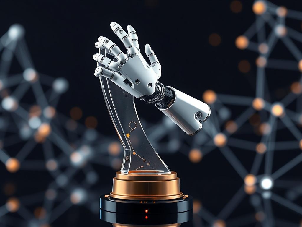 A hyper-realistic close-up of a futuristic award showcasing a robotic arm motif, elegantly displayed against a backdrop of abstract quantum structures. The image emphasizes innovation and the fusion of robotics and quantum technology.