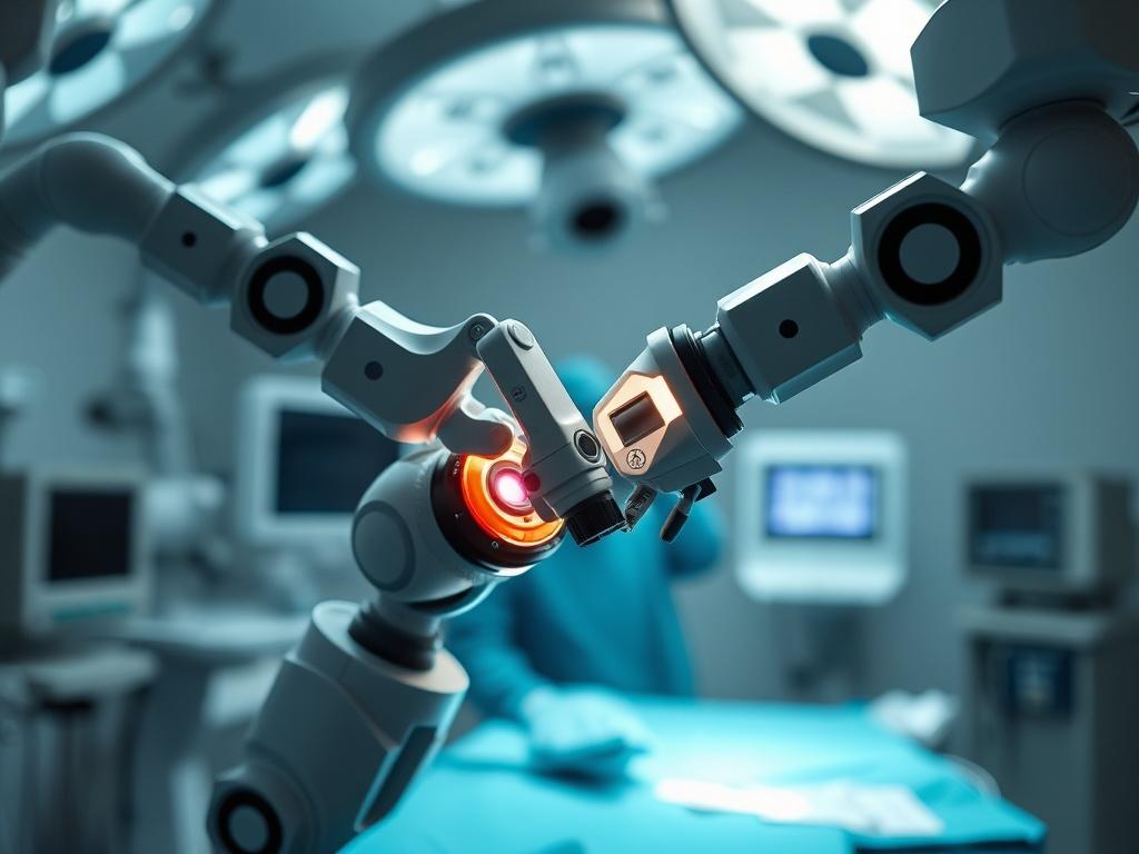 A close-up shot of a state-of-the-art robotic surgical system, specifically the da Vinci SP, in an operating room setting. The background should be softly blurred to emphasize the robotic arms and camera entering the body through a single small incision. The image should reflect a sterile environment with advanced medical equipment subtly placed around, showcasing the precision and innovation of ultra robotic surgery. The lighting should be bright and clinical, highlighting the sleek design of the robotic s