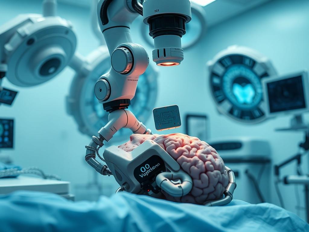 A hyper-realistic close-up image of a robotic surgical system in action during a neurosurgery procedure. The focus should be on the robotic arm delicately positioning a neural device above a patient's brain, with high-tech imaging equipment in the background. The setting should be a modern, sterile operating room, with a subtle blue color palette to convey a sense of advanced technology. The image should be captured with a 45mm f/1.2 lens style to highlight details and depth of field.