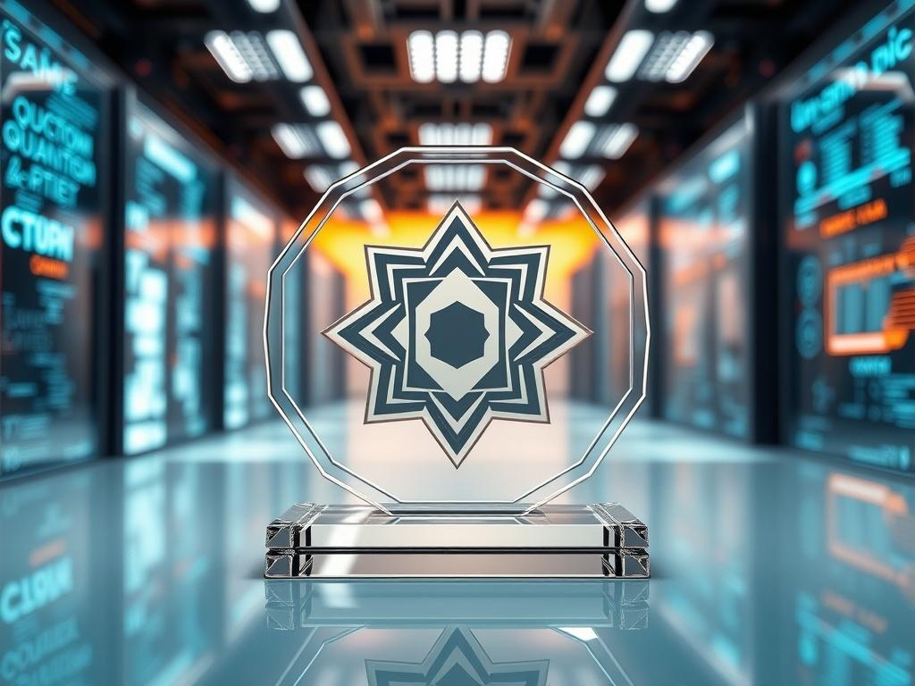 A striking image of a modern award showcasing a quantum computing chip, resting on a polished surface. The award features a dynamic design that symbolizes connectivity and advanced technology. The background is softly focused, depicting a futuristic lab environment filled with high-tech quantum computers and displays, all harmonizing with the primary color rgb(69, 10, 186).