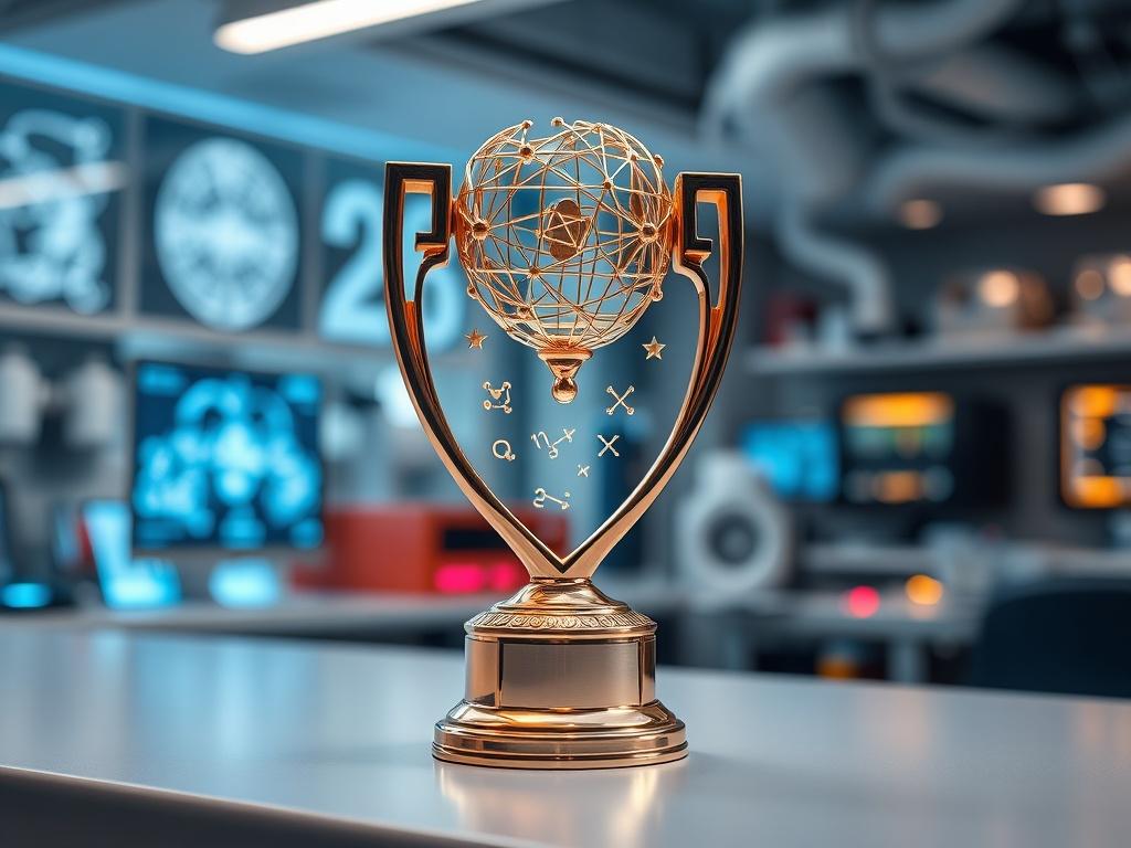 An elegant trophy representing innovation in Quantum Neuroscience, prominently displayed on a sleek surface. The trophy features intricate designs depicting neurons intertwined with quantum symbols. The background showcases a softly blurred neuroscience lab with high-tech equipment and screens, illuminated with a soft glow, complementing the primary color rgb(69, 10, 186).