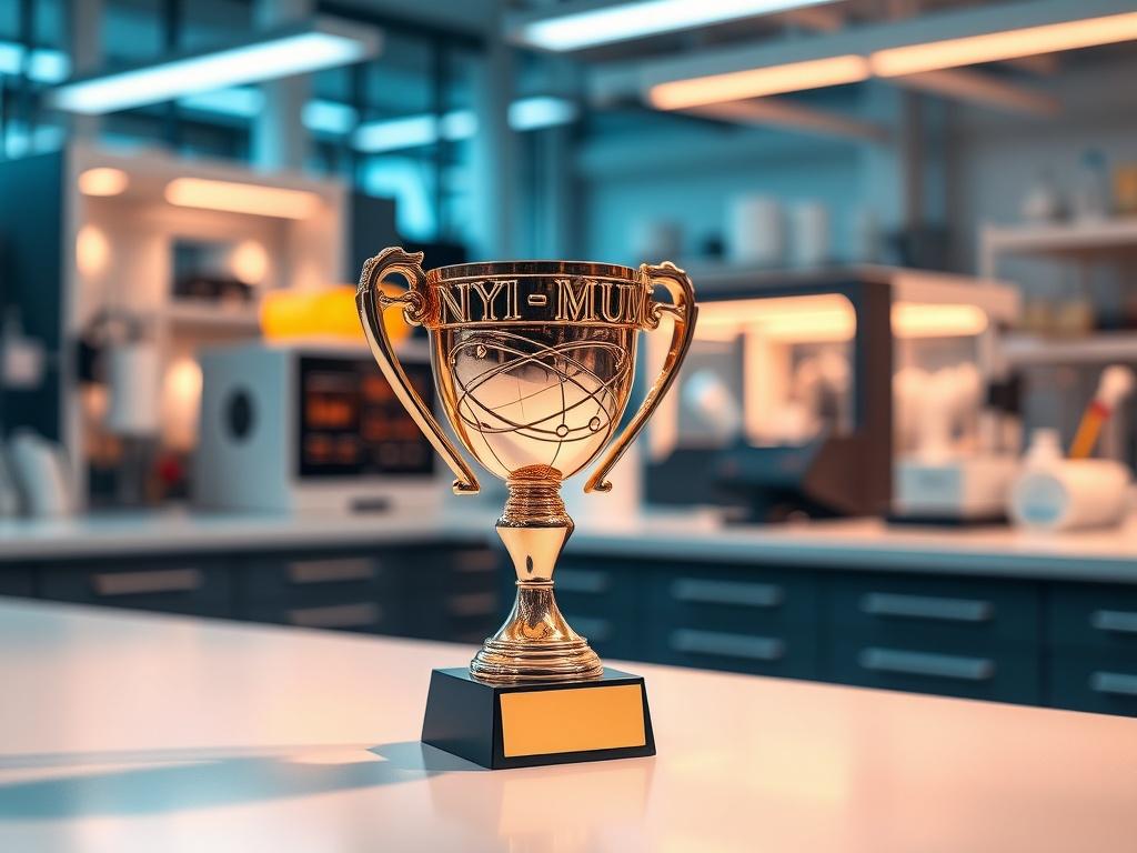 A hyper-realistic depiction of a prominent trophy representing excellence in Quantum Mechanics, placed on a sleek, modern lab table. The trophy features intricate designs symbolizing quantum waves and particles. The background shows a softly blurred high-tech laboratory setting with advanced equipment, illuminated by soft, ambient lighting. The image is vibrant and colorful, capturing the essence of innovation and scientific achievement, compatible with the primary color rgb(69, 10, 186).