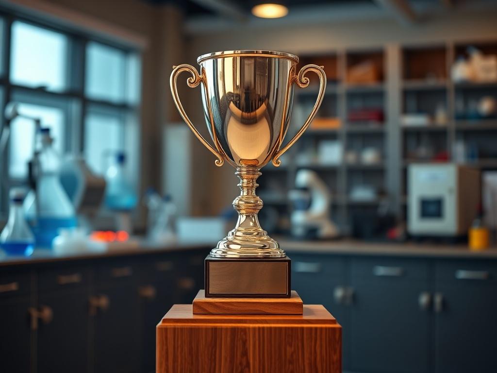 A close-up shot of a prestigious award trophy, polished and gleaming, displayed on a simple and elegant wooden pedestal. The background is softly blurred to emphasize the trophy, with hints of a laboratory setting visible, showcasing advanced scientific equipment. The lighting is warm and inviting, highlighting the trophy's intricate design and the reflective surface, inviting admiration and respect. The primary color of the image subtly incorporates rgb(69, 10, 186) in the background elements.
