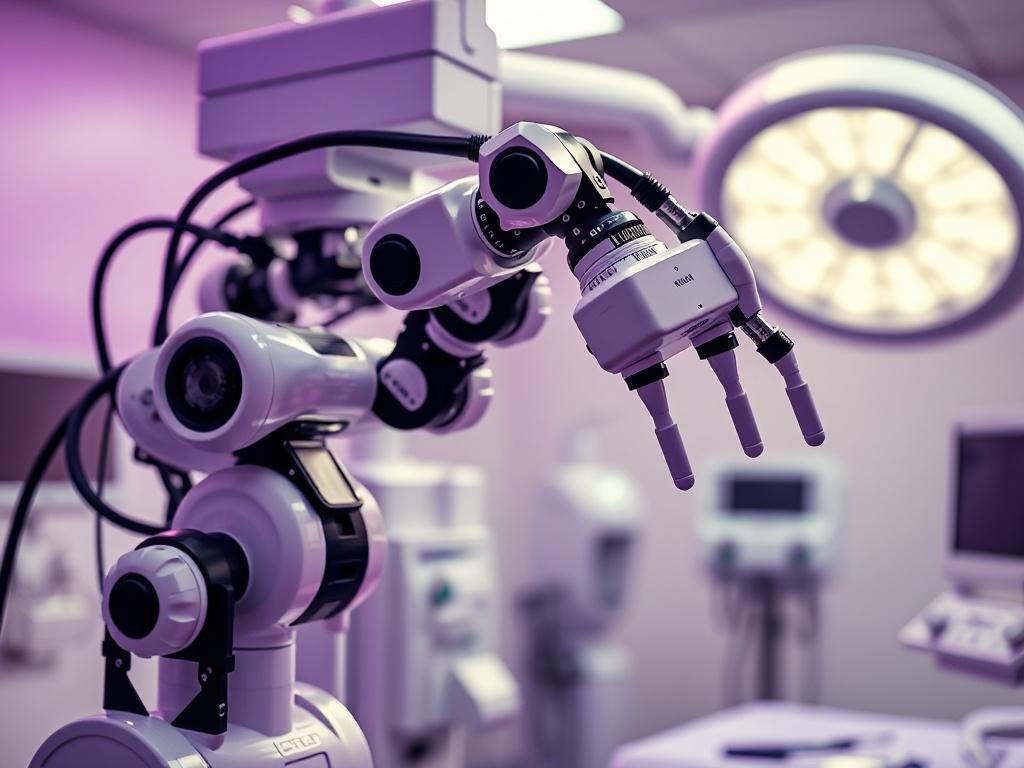 A hyper-realistic close-up shot of a robotic surgical system in an operating room, showcasing intricate robotic arms and high-tech surgical instruments. The focus should be on the details of the robotic system, highlighting its precision and technology, with soft lighting to create a sterile and professional atmosphere. The background should be blurred to emphasize the robotic system, and the colors should incorporate shades of purple, aligning with the rgb(69, 10, 186) primary color.