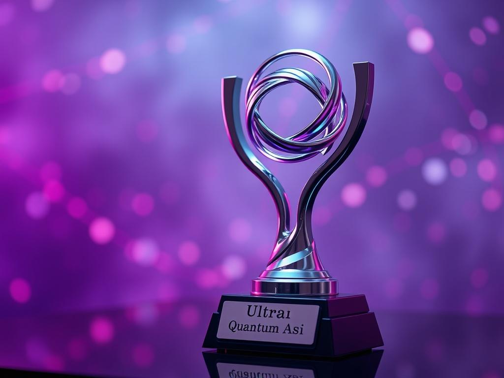 Create a hyper-realistic close-up shot of a futuristic trophy symbolizing the Ultra Master Quantum Artificial Superintelligence (ASI) award. The trophy should have a sleek, modern design with quantum-inspired elements like intertwined spirals or light patterns, reflecting advanced technology. The base of the trophy should be engraved with the title 'Ultra Master Quantum ASI'. The background should be softly blurred with a high-tech ambiance, featuring subtle hints of quantum mechanics visuals, such as qubit