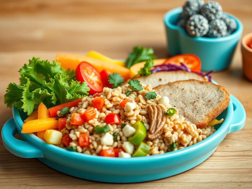 A hyper-realistic close-up shot of a colorful, nutritious children's meal featuring a mix of vibrant vegetables, whole grains, and lean proteins, all beautifully arranged on a child-friendly plate. The background should be softly blurred to emphasize the meal, with a warm, organic light brown color scheme that complements the food. The photo should capture the freshness and appeal of the meal, shot with a 45mm f/1.2 lens.