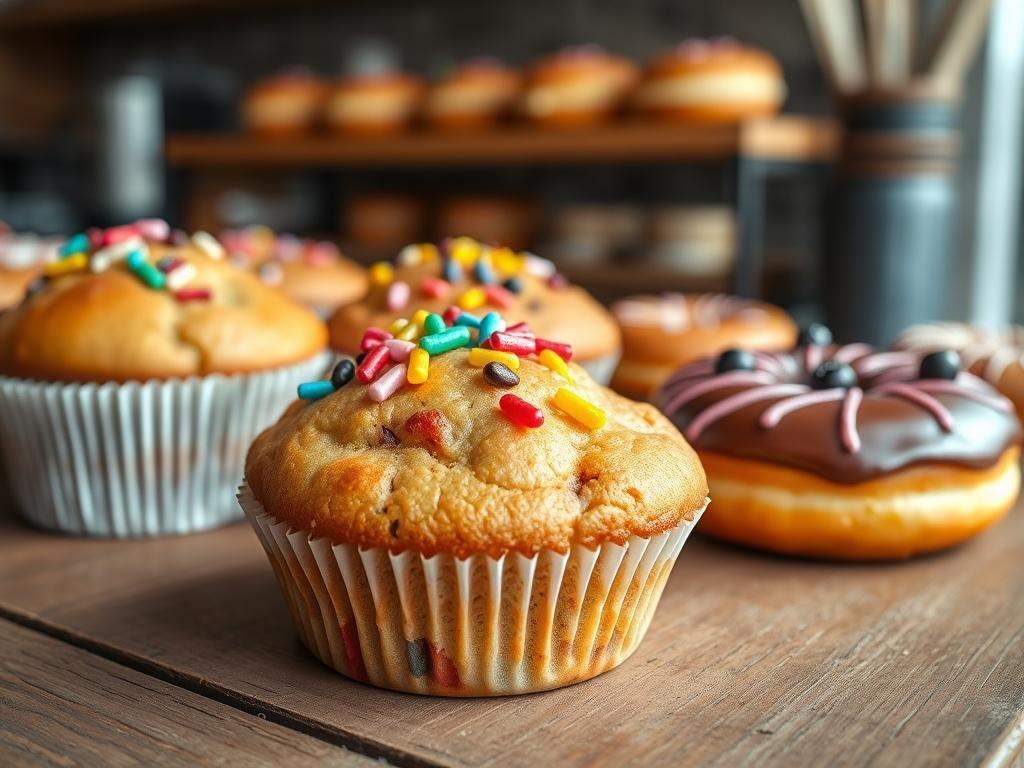 A close-up shot of a variety of freshly baked muffins and donuts displayed on a rustic wooden table. The muffins are topped with colorful sprinkles and fruits, showcasing their fluffy texture. The donuts are glazed with vibrant icing, featuring different flavors and toppings. The background is softly blurred to keep the focus on the treats, capturing the warm, inviting atmosphere of a cozy bakery.