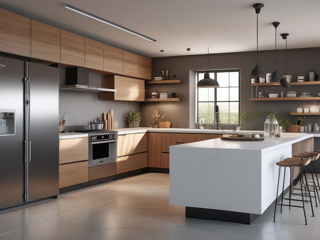 A stunning, hyper-realistic close-up shot of a beautifully designed kitchen interior showcasing high-quality cabinetry and modern appliances. The composition should focus on a sleek countertop with natural light illuminating the space. The background should be a soft blur to emphasize the craftsmanship and details in the cabinetry. The image should convey warmth and sophistication, reflecting the quality and innovation that Block Construction embodies.