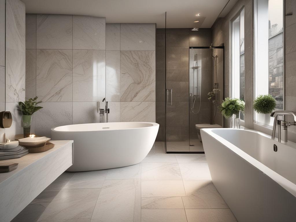 A luxurious bathroom featuring a modern freestanding bathtub, double sinks,