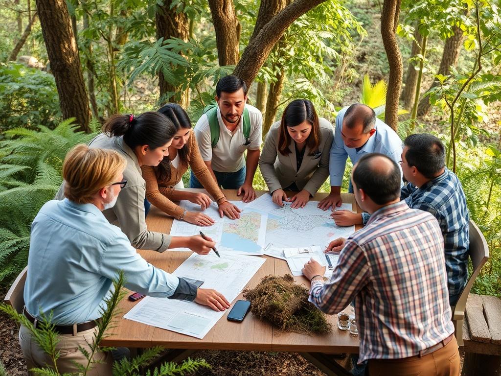 A diverse team of professionals collaborates over a large table,
